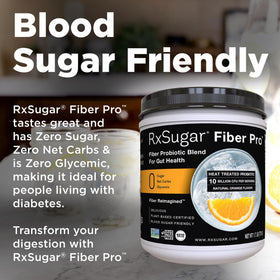 RxSugar Fiber Pro close-up label shows zero sugar and dye-free formula
