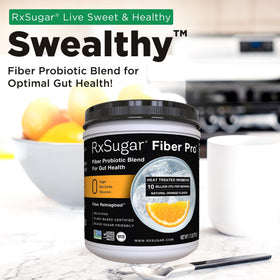 RxSugar Fiber Pro glass with prepared drink illustrating on-the-go appetite control