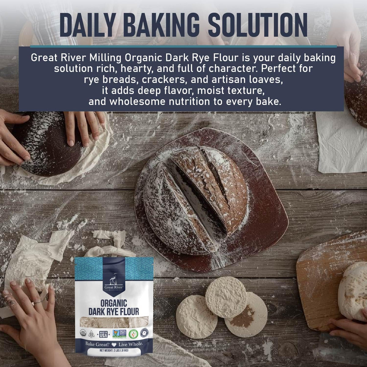 Close-up of Great River Milling Dark Rye Flour's whole-grain texture