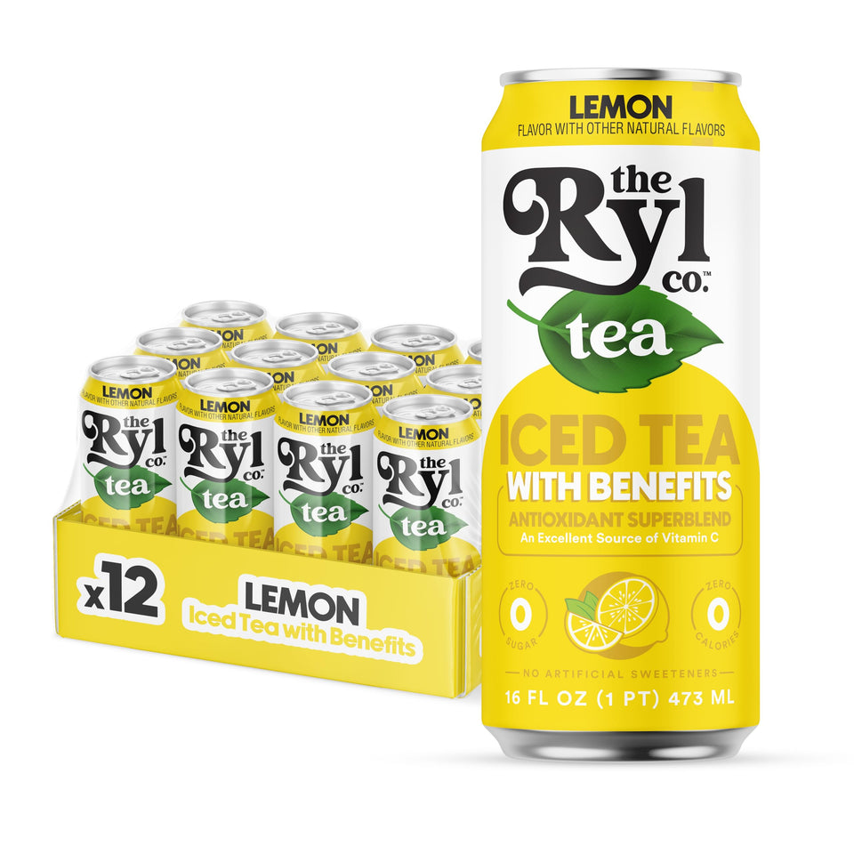 The Ryl Co Iced Tea Lemon can front view, zero sugar option for guilt-free sipping.