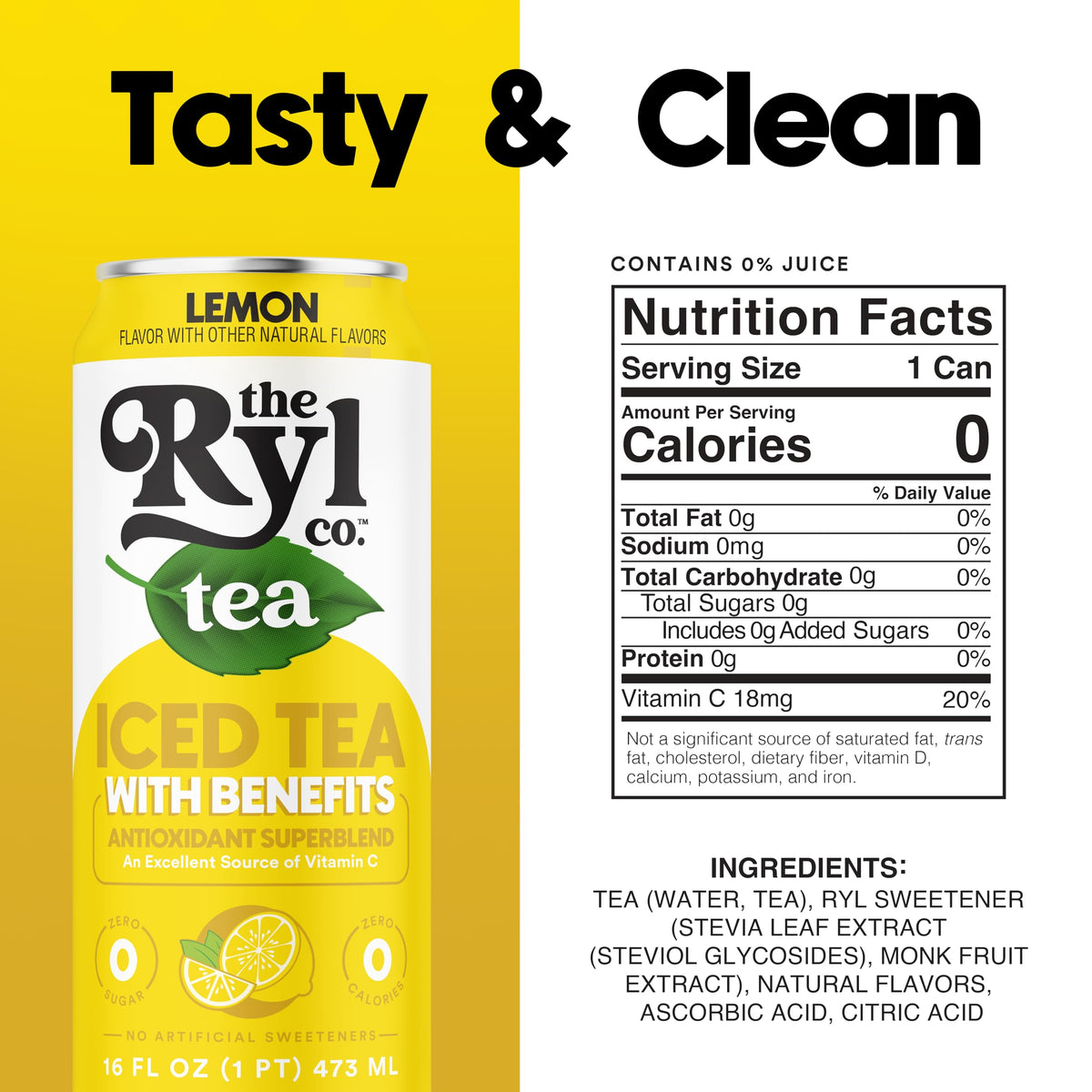 The Ryl Co Lemon can nutrition label highlighting zero calories and antioxidants.