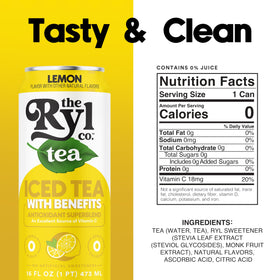 The Ryl Co Lemon can nutrition label highlighting zero calories and antioxidants.