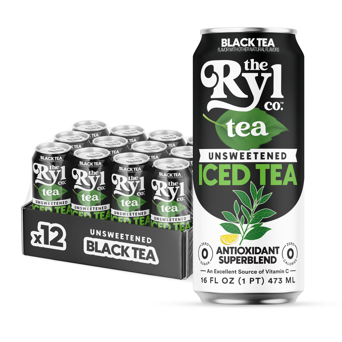 The Ryl Co iced tea can front view highlights zero sugar and low calories