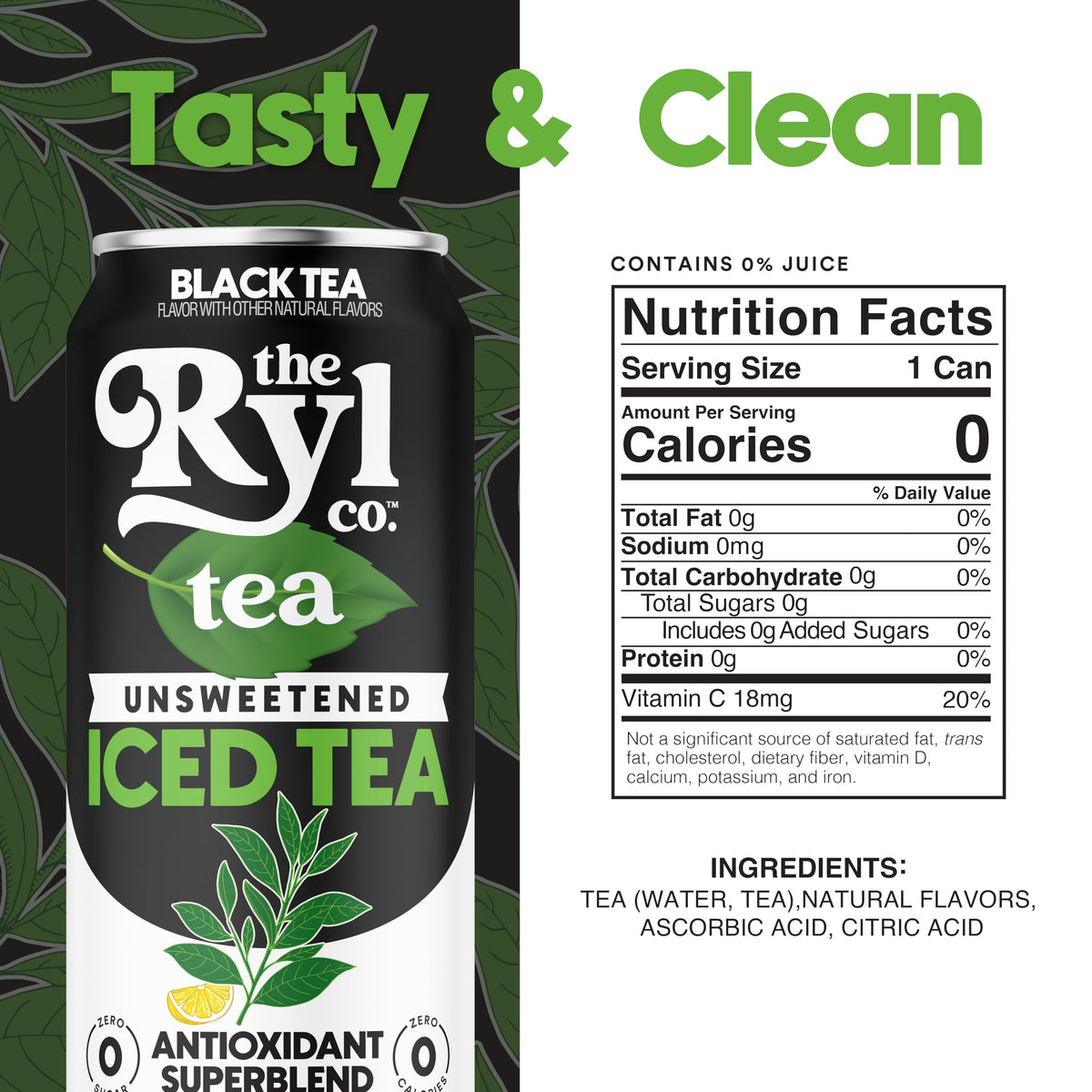 The Ryl Co unsweetened black can side view emphasizes non-GMO and Kosher attributes