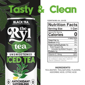 The Ryl Co unsweetened black can side view emphasizes non-GMO and Kosher attributes
