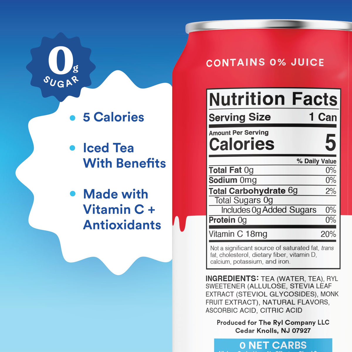 The Ryl Co Rocket Pop can nutrition facts panel highlights polyphenols and Vitamin C.