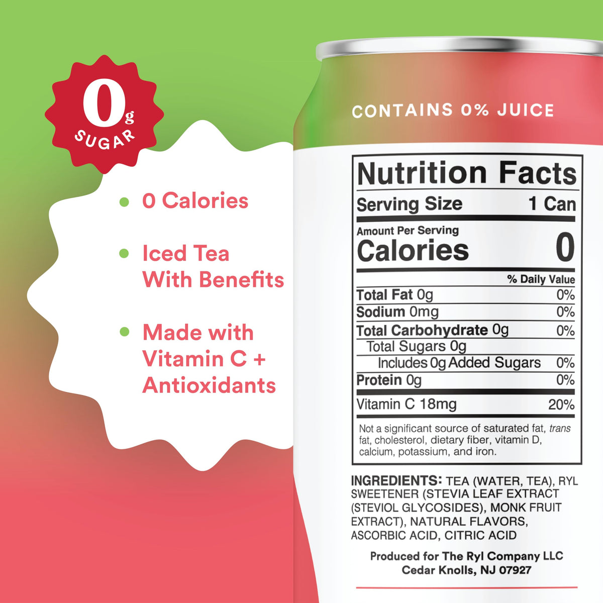 Close-up of The Ryl Co Watermelon Tea ingredients highlighting monk fruit and stevia sweetness.