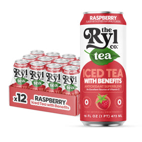 The Ryl Co Raspberry Iced Tea can front view shows zero sugar and refreshment.