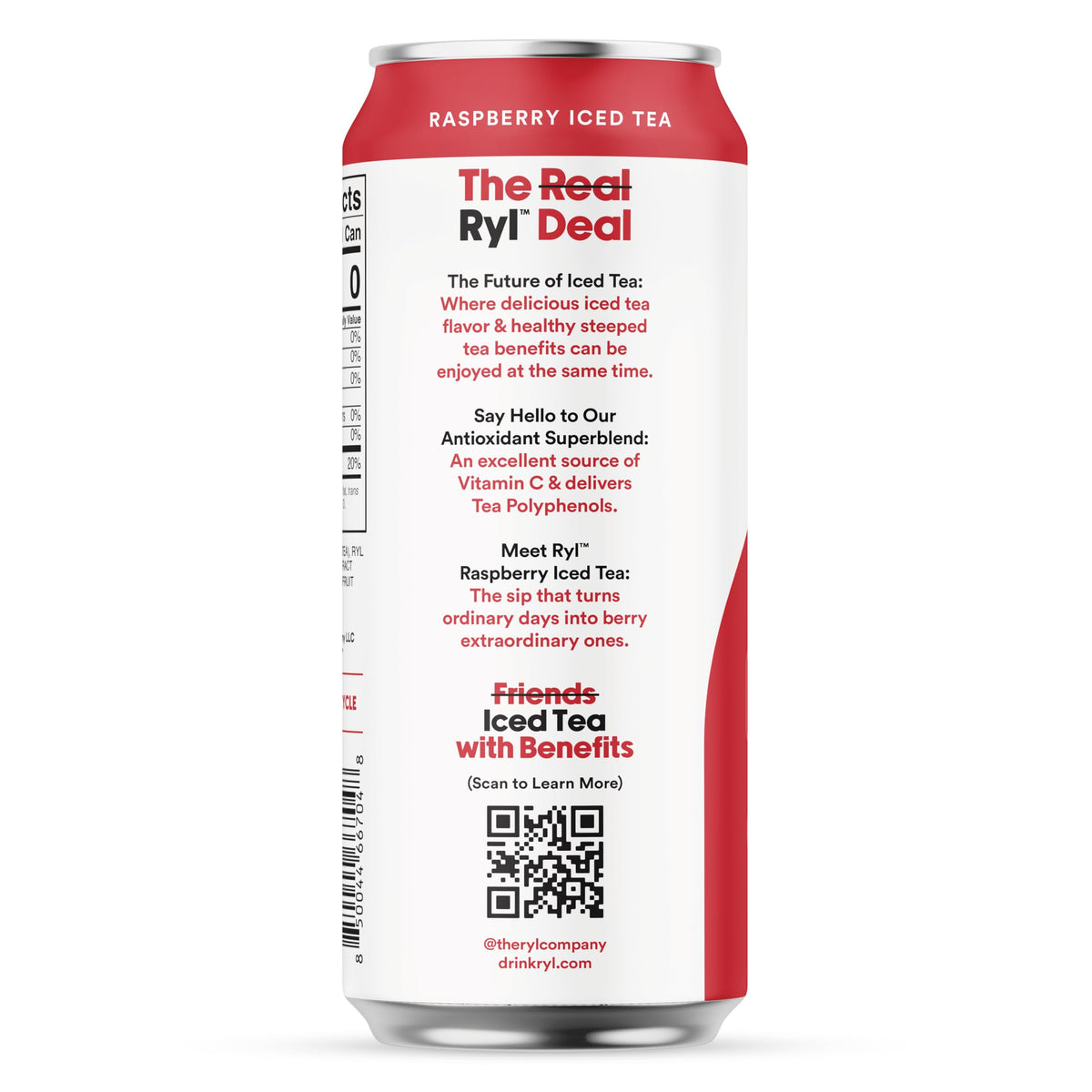 The Ryl Co Raspberry Iced Tea can side view emphasizes low calories.