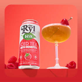 Open can of Ryl Co Raspberry Iced Tea showcases recyclable packaging.