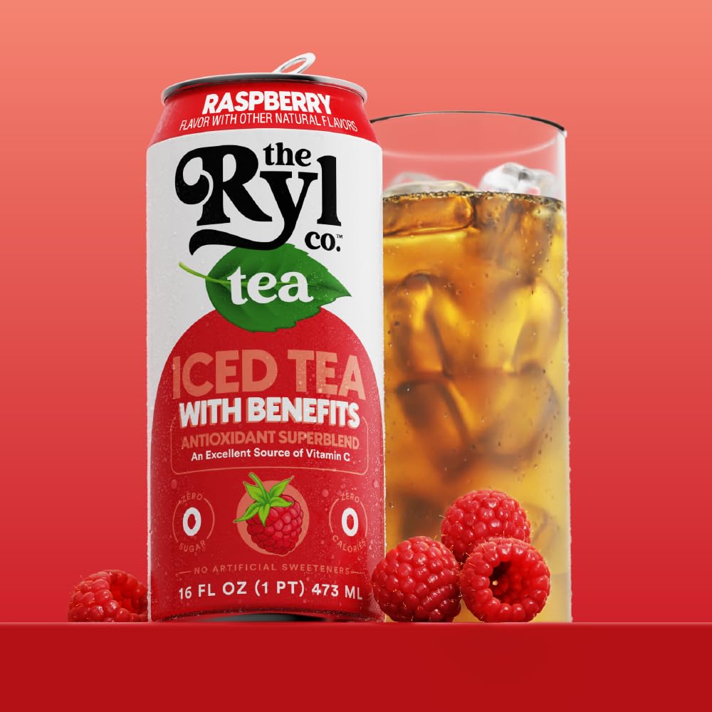 Ryl Co Raspberry Iced Tea packshot highlights 12-pack value.