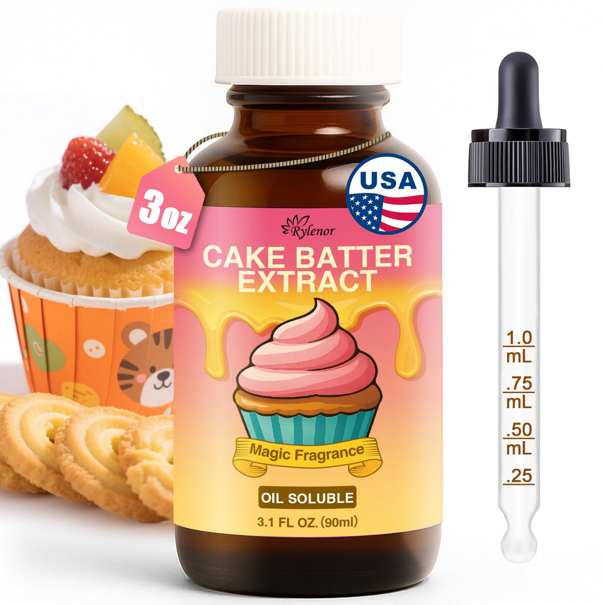Rylenor cake batter extract bottle with dropper for precise flavoring in baked goods