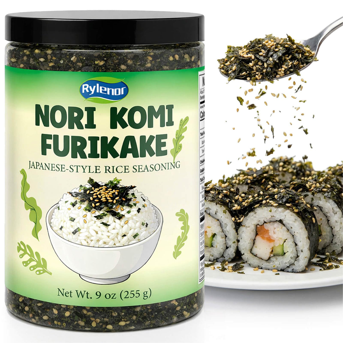 Rylenor Nori Komi Furikake jar closeup for a quick finishing touch.