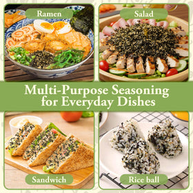 Rylenor Nori Komi Furikake onigiri trio with seaweed texture.