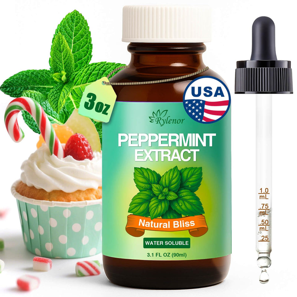 Rylenor peppermint extract dropper bottle enables precise flavoring in desserts.