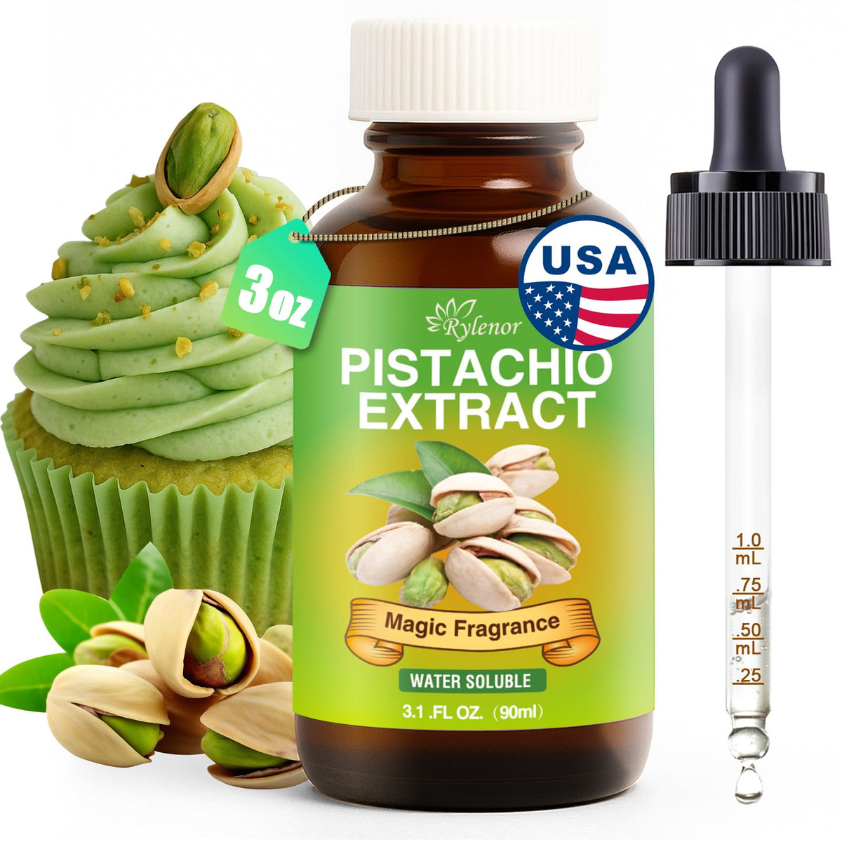 Rylenor Pistachio Extract bottle showing concentrated flavor for desserts.