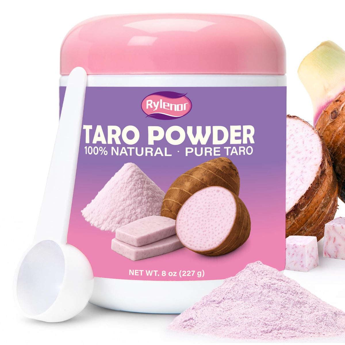 Rylenor pure taro powder jar with scoop, easy to measure for boba tea or baking