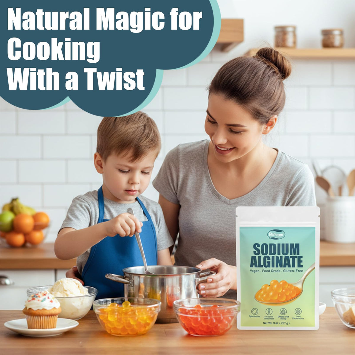 Rylenor Sodium Alginate packaging on kitchen counter for ready use.