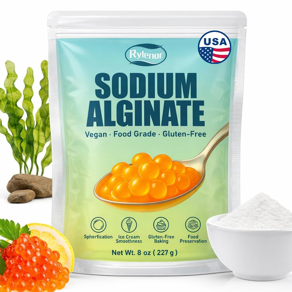 Rylenor Sodium Alginate powder jar – vegan gelling agent for clean-label thickeners.