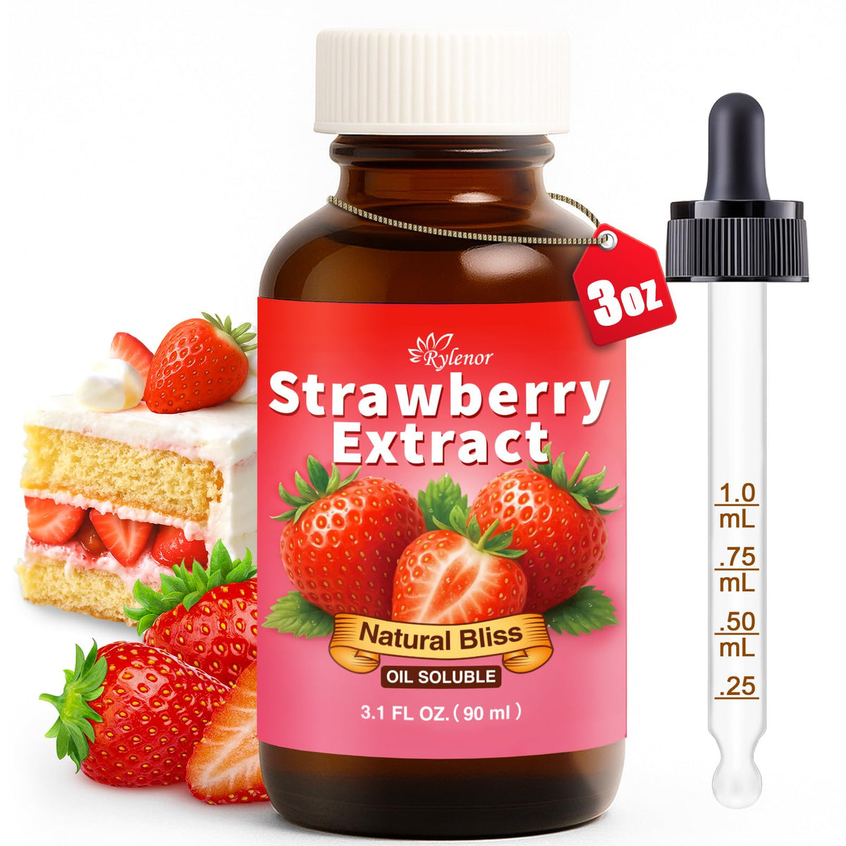 Rylenor Strawberry Extract bottle close-up for pure baking flavor
