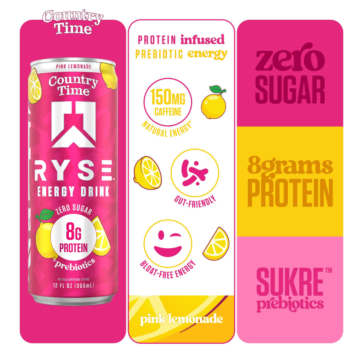 RYSE Up Supplements pink lemonade energy drink glass with ice, refreshing during workouts or long days.