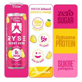 RYSE Up Supplements pink lemonade energy drink glass with ice, refreshing during workouts or long days.