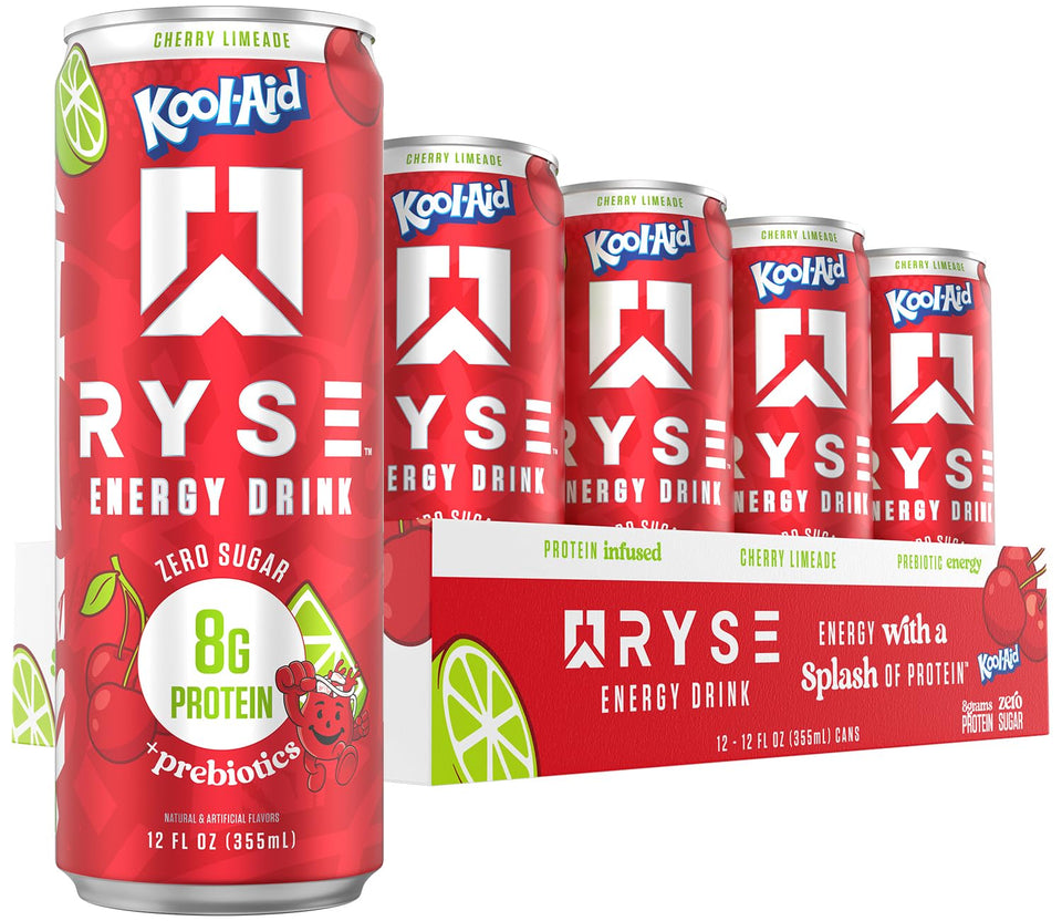 RYSE Energy Drink Kool-Aid Cherry Limeade bottle showing clean, sustained energy on the go