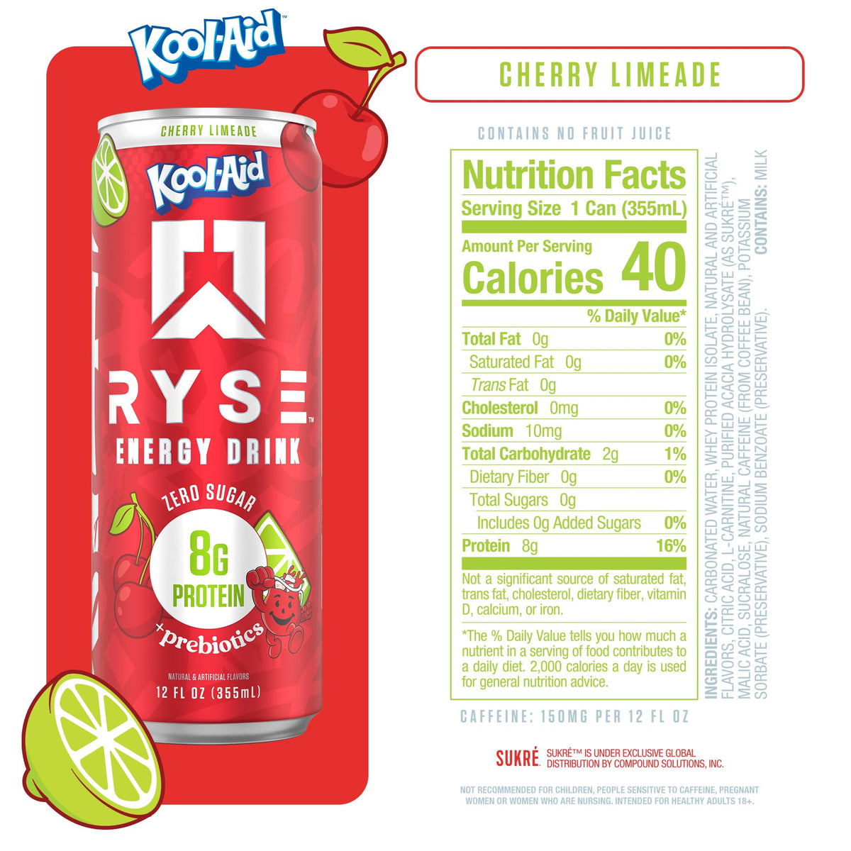RYSE can close-up highlighting 150 mg caffeine and 8 g protein per can
