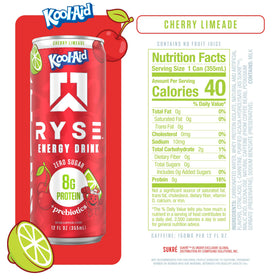 RYSE can close-up highlighting 150 mg caffeine and 8 g protein per can