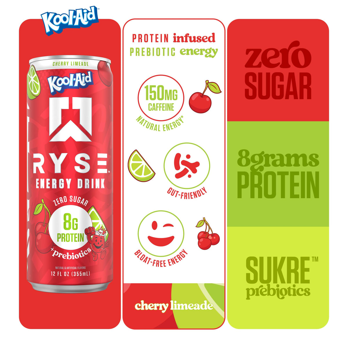 RYSE Kool-Aid Cherry Limeade ingredients table view with 1 g prebiotic for gut health