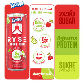 RYSE Kool-Aid Cherry Limeade ingredients table view with 1 g prebiotic for gut health