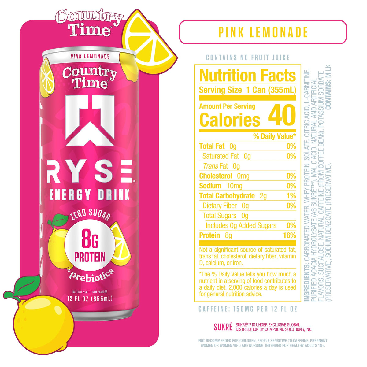 RYSE Up Supplements pink lemonade energy drink nutrition label closeup for informed choice.