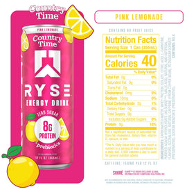 RYSE Up Supplements pink lemonade energy drink nutrition label closeup for informed choice.
