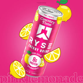 RYSE Up Supplements pink lemonade energy drink pour into glass, ideal for a quick recharge.