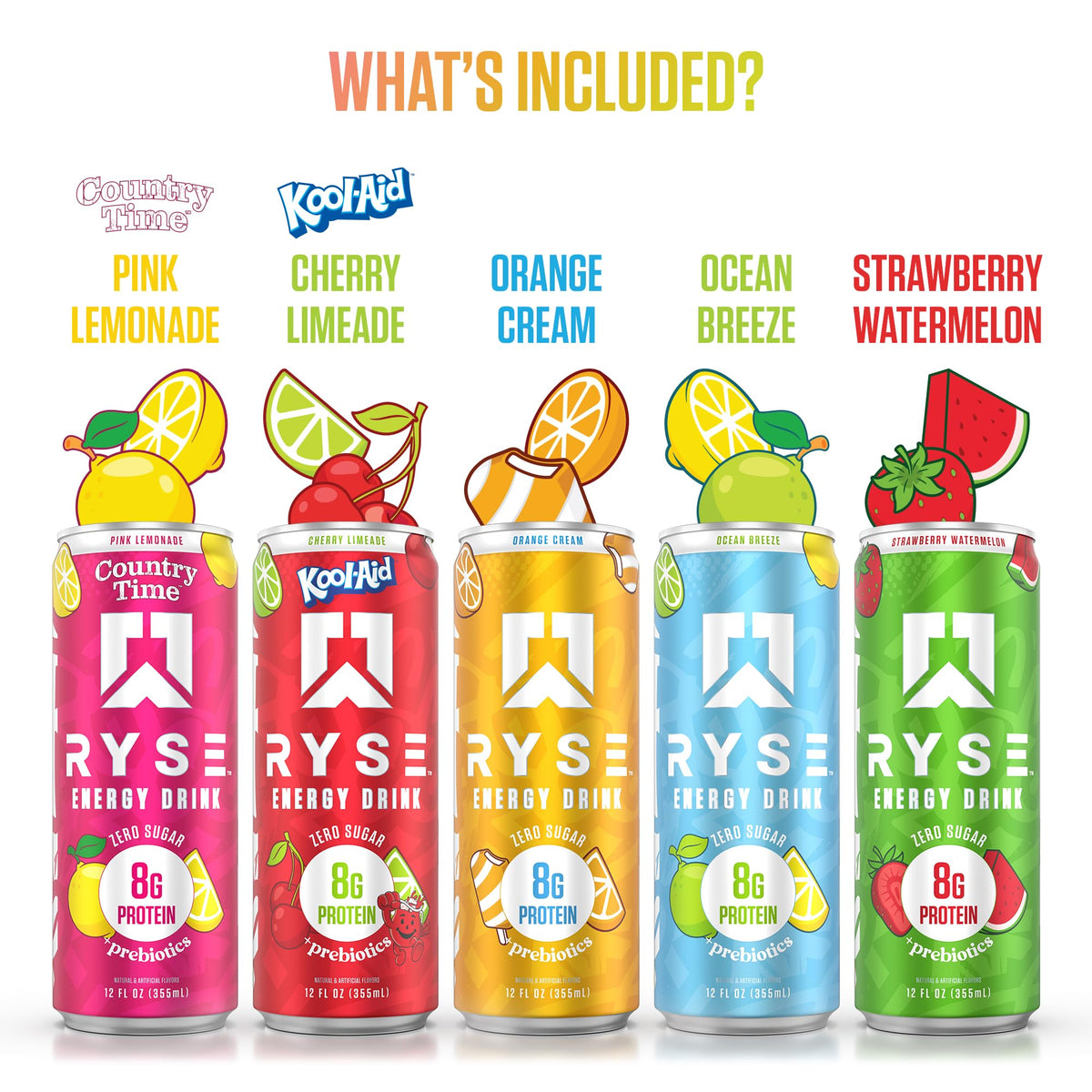 RYSE Energy Drink variety pack shown with five flavors for trial