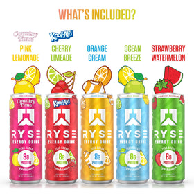 RYSE Energy Drink variety pack shown with five flavors for trial
