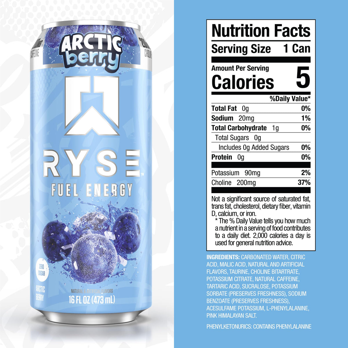 RYSE Fuel Arctic Berry can front shows clean, sugar-free energy for daily use.