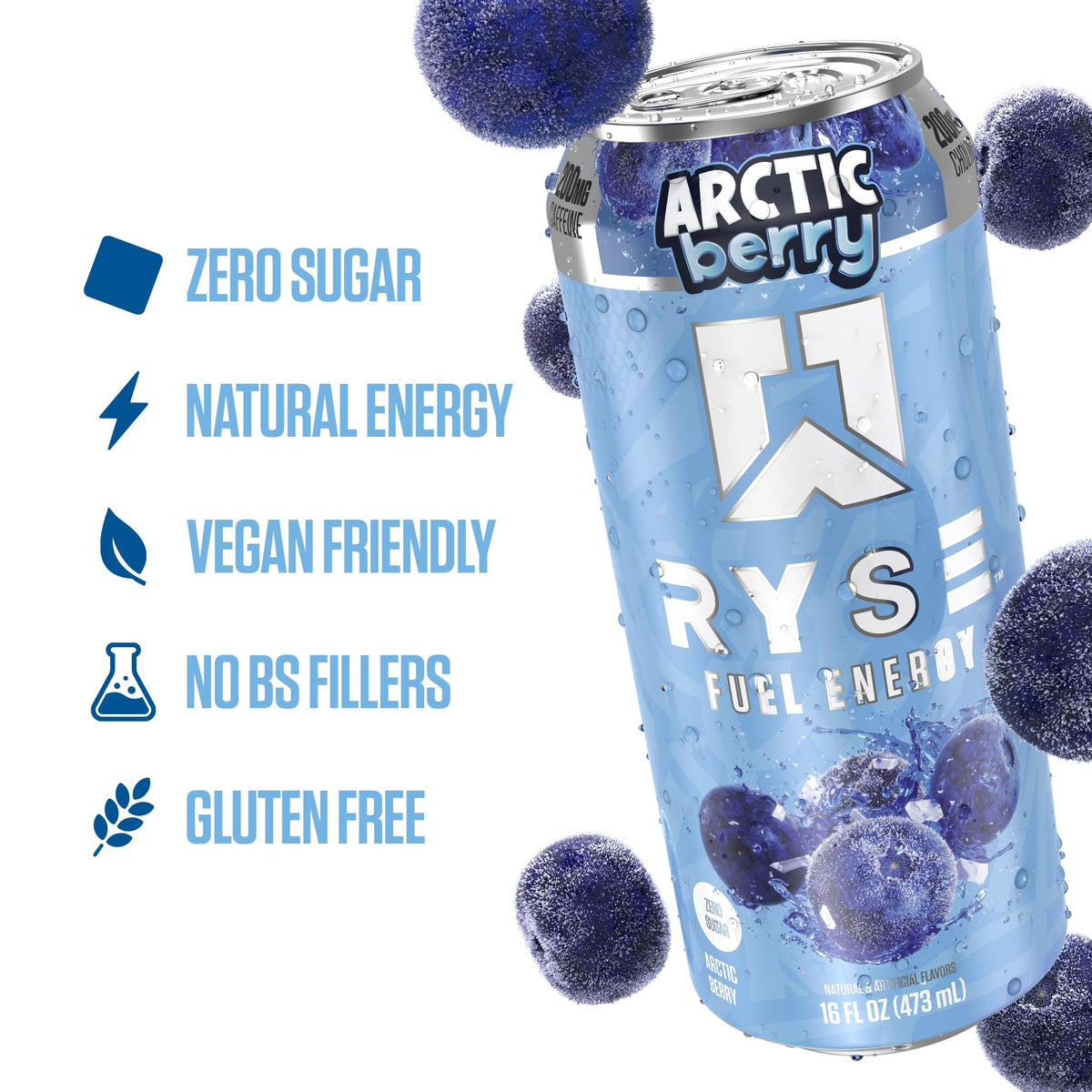 RYSE Fuel Arctic Berry glass with ice highlights crisp flavor and aroma.