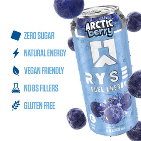 RYSE Fuel Arctic Berry glass with ice highlights crisp flavor and aroma.