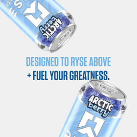 RYSE Fuel Arctic Berry packaging close-up showcases a convenient 12-pack.