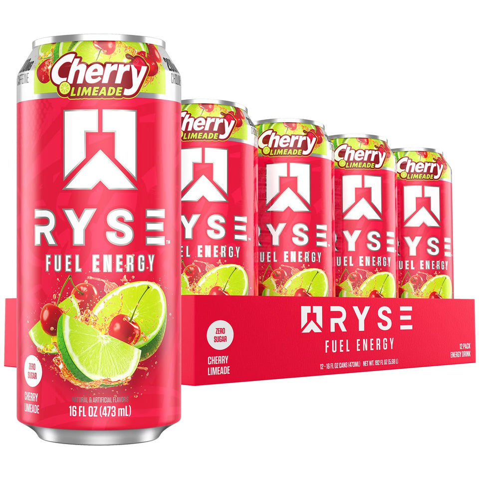 RYSE Fuel Cherry Limeade can front view highlighting crash-free energy