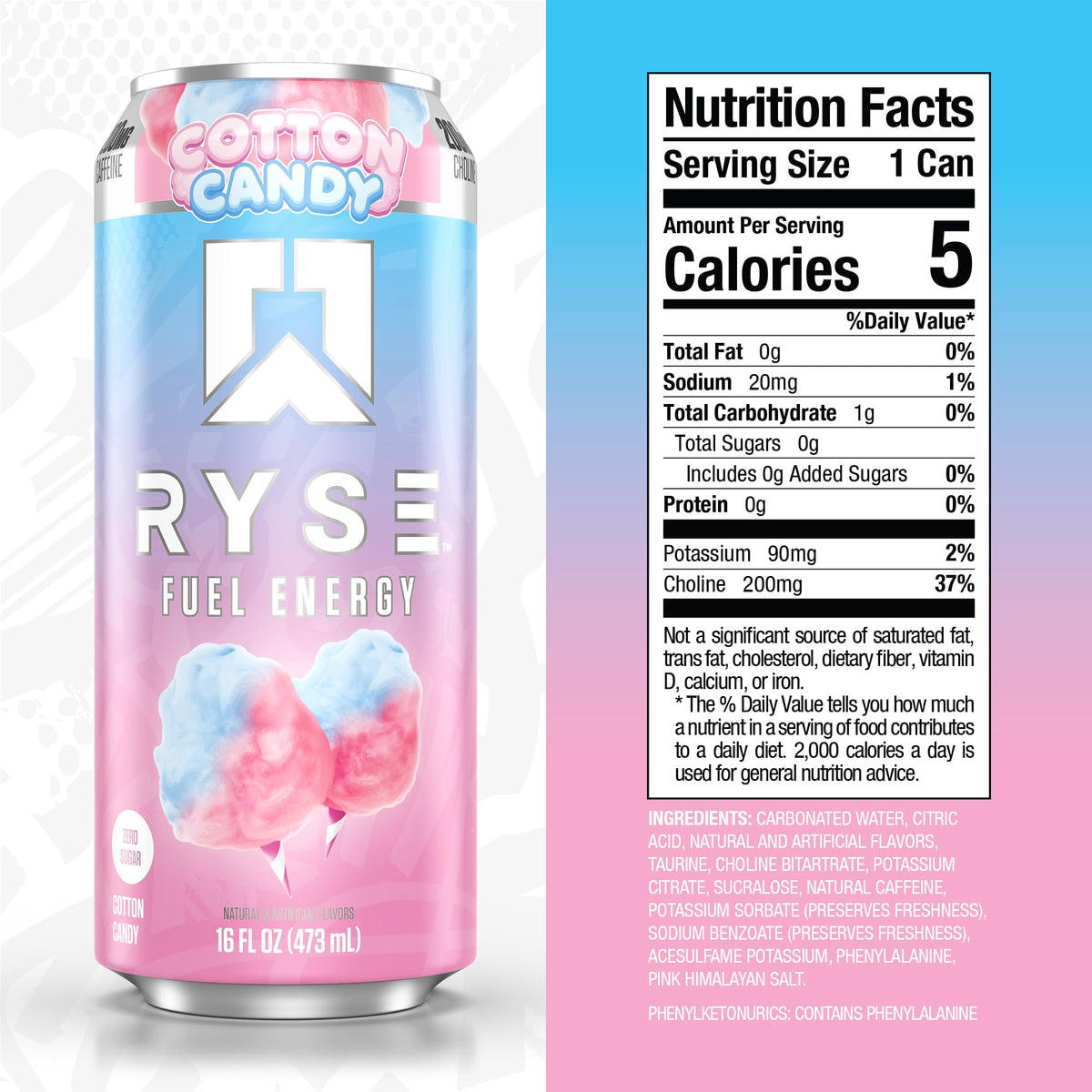 RYSE Fuel Cotton Candy label shows zero sugar and vegan formula