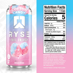 RYSE Fuel Cotton Candy label shows zero sugar and vegan formula