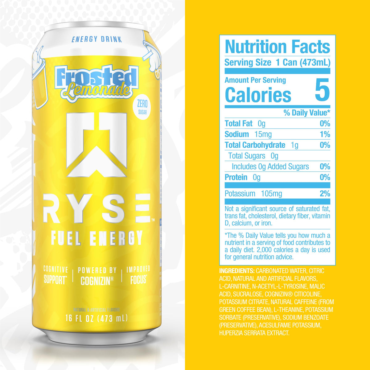 RYSE Fuel Frosted Lemonade can back highlights 200mg caffeine for smooth energy.