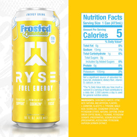 RYSE Fuel Frosted Lemonade can back highlights 200mg caffeine for smooth energy.