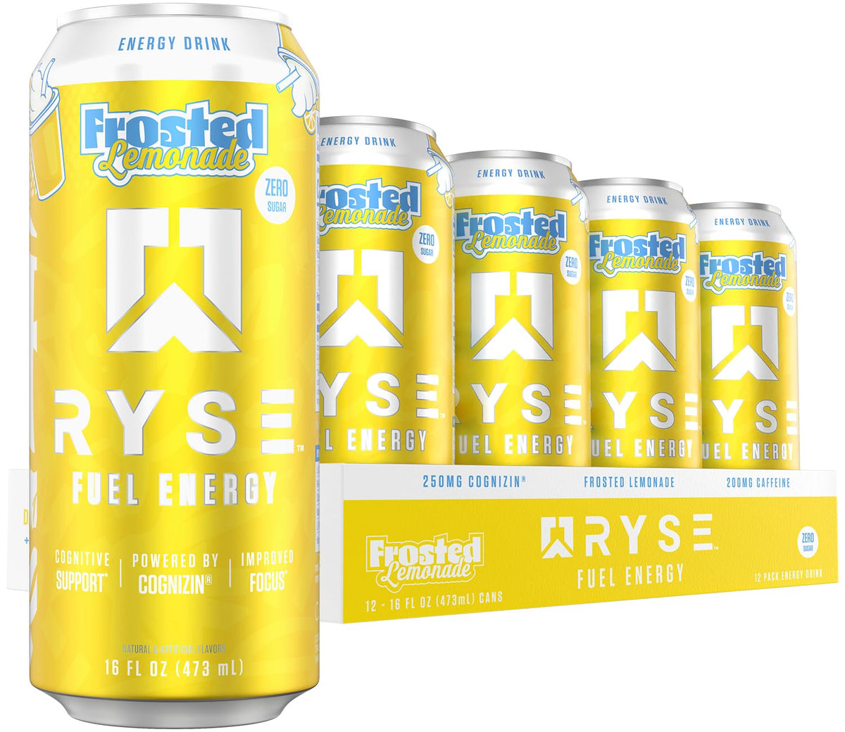 RYSE Fuel Frosted Lemonade can front shows sugar-free energy for focus.