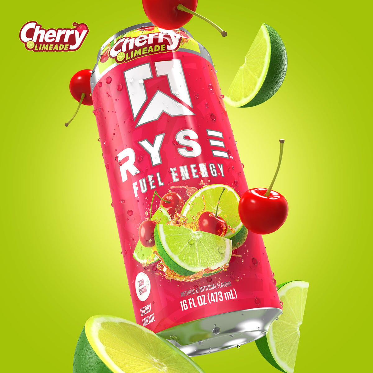 RYSE Fuel glass with ice and lime conveys refreshing zero-sugar energy