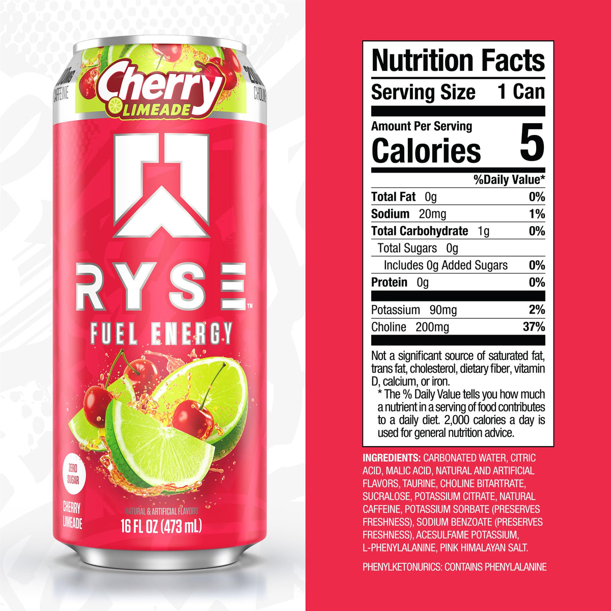 RYSE Fuel ingredient panel showing caffeine, taurine, and choline for focus