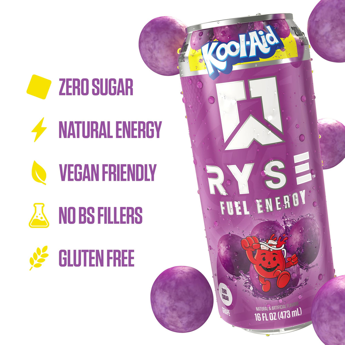Glass of RYSE Fuel Kool-Aid Grape showing vibrant color and energy.