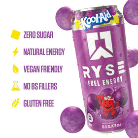 Glass of RYSE Fuel Kool-Aid Grape showing vibrant color and energy.
